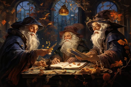 A mesmerizing portrayal of venerable and formidable wizards, exuding wisdom as they masterfully cast intricate arcane spells, wielding ancient staffs adorned with mystic runes.