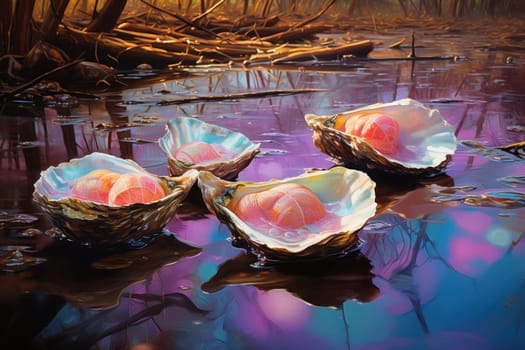 An enchanting depiction of radiant pearl oysters, tenderly nurturing exquisite pearls imbued with enigmatic properties.