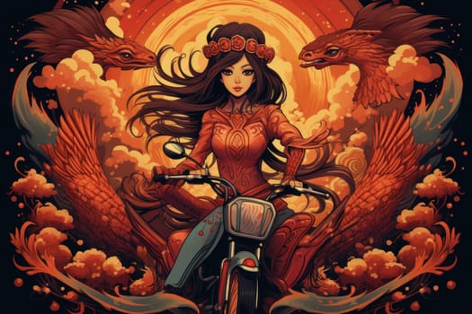 An awe-inspiring portrayal of fabled phoenix riders, gracefully soaring through the skies astride magnificent fiery avian creatures.