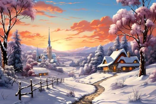 An exquisite winter composition, expertly capturing the tranquil allure of recently fallen snow draping over trees, landscapes, and architectural structures.