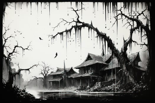 A remarkable portrayal of winter's allure, focusing on the glistening, see-through charm of icicles suspended from rooftops and tree limbs, showcasing their sparkling and crystalline elegance.