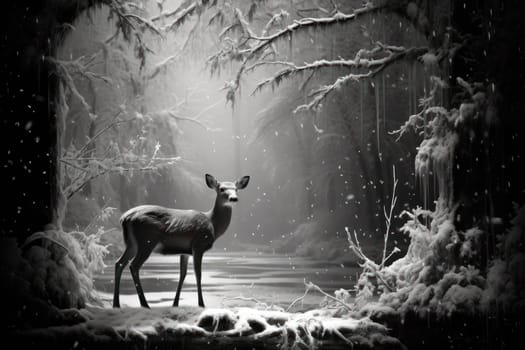 An enchanting winter tableau, showcasing the grace and resilience of wildlife, including deer, birds, and squirrels, in their natural habitats during the frosty season.