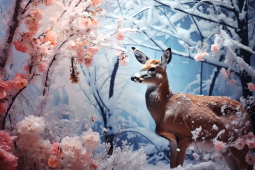 An enchanting winter tableau, showcasing the grace and resilience of wildlife, including deer, birds, and squirrels, in their natural habitats during the frosty season.