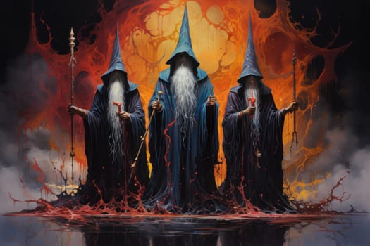 A mesmerizing portrayal of venerable and formidable wizards, exuding wisdom as they masterfully cast intricate arcane spells, wielding ancient staffs adorned with mystic runes.