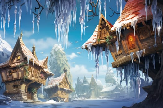 A remarkable portrayal of winter's allure, focusing on the glistening, see-through charm of icicles suspended from rooftops and tree limbs, showcasing their sparkling and crystalline elegance.