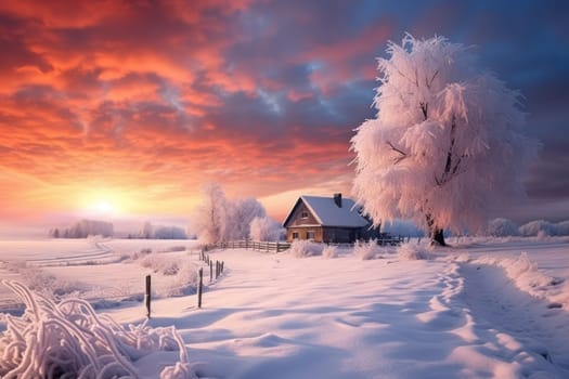 An exquisite winter composition, expertly capturing the tranquil allure of recently fallen snow draping over trees, landscapes, and architectural structures.