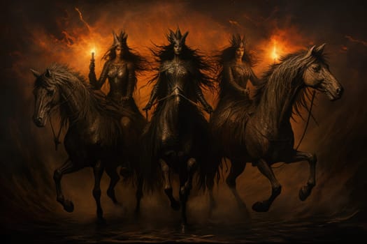 An awe-inspiring portrayal of fabled phoenix riders, gracefully soaring through the skies astride magnificent fiery avian creatures.