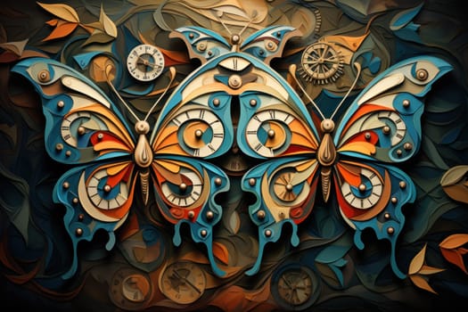 An enchanting portrayal of ethereal clockwork butterflies, fluttering gracefully with intricate precision, each adorned with intricate gears and delicate wings that shimmer with fantastical hues.