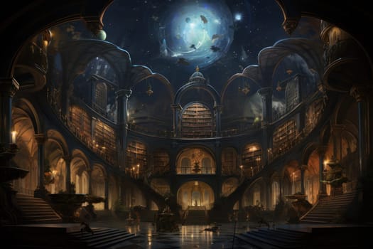 An awe-inspiring depiction of celestial libraries, ancient repositories of boundless universal wisdom.