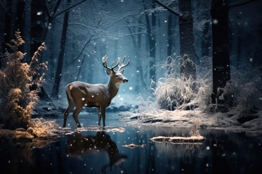 An enchanting winter tableau, showcasing the grace and resilience of wildlife, including deer, birds, and squirrels, in their natural habitats during the frosty season.