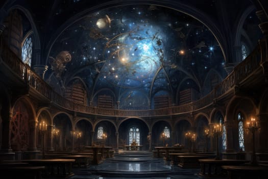 An awe-inspiring depiction of celestial libraries, ancient repositories of boundless universal wisdom.