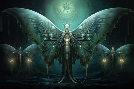 A captivating portrayal of celestial moth guardians, their ethereal presence warding off malevolent spirits with a soft, lunar glow.
