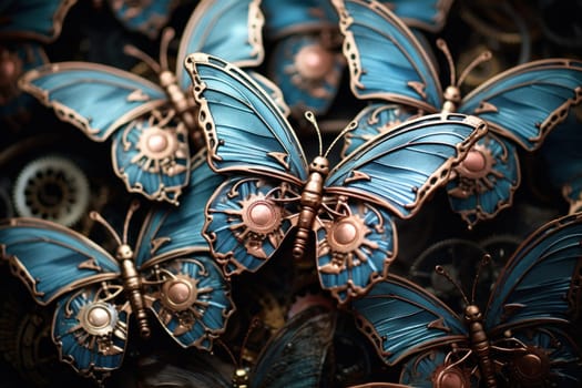 An enchanting portrayal of ethereal clockwork butterflies, fluttering gracefully with intricate precision, each adorned with intricate gears and delicate wings that shimmer with fantastical hues.