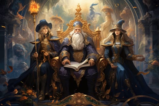 A mesmerizing portrayal of venerable and formidable wizards, exuding wisdom as they masterfully cast intricate arcane spells, wielding ancient staffs adorned with mystic runes.