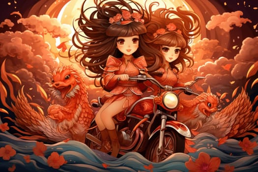 An awe-inspiring portrayal of fabled phoenix riders, gracefully soaring through the skies astride magnificent fiery avian creatures.
