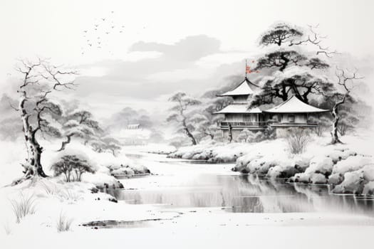 An exquisite winter composition, expertly capturing the tranquil allure of recently fallen snow draping over trees, landscapes, and architectural structures.