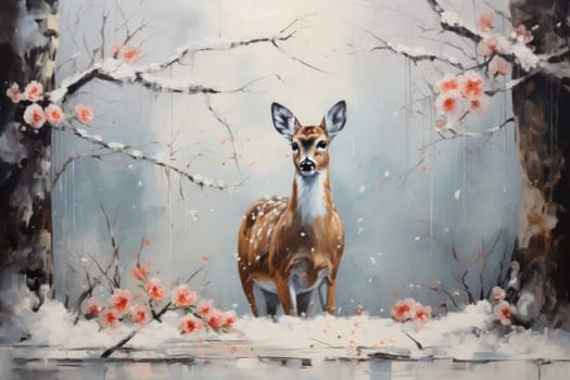 An enchanting winter tableau, showcasing the grace and resilience of wildlife, including deer, birds, and squirrels, in their natural habitats during the frosty season.