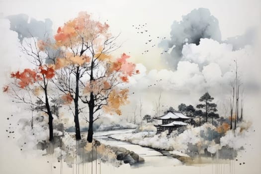 An exquisite winter composition, expertly capturing the tranquil allure of recently fallen snow draping over trees, landscapes, and architectural structures.