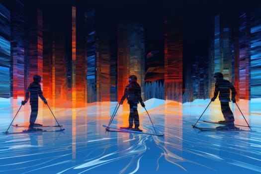 A dynamic portrayal of the exhilarating winter season, featuring individuals engaged in a range of invigorating activities such as skiing, snowboarding, and ice skating.