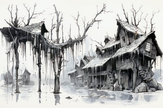 A remarkable portrayal of winter's allure, focusing on the glistening, see-through charm of icicles suspended from rooftops and tree limbs, showcasing their sparkling and crystalline elegance.