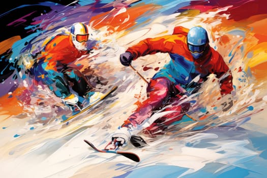 A dynamic portrayal of the exhilarating winter season, featuring individuals engaged in a range of invigorating activities such as skiing, snowboarding, and ice skating.