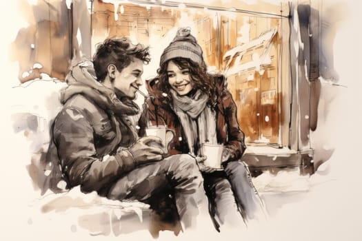 A heartwarming depiction of the winter season's charm, with individuals captured indoors, basking by a crackling fire, indulging in hot cocoa, or cocooned in soft blankets.