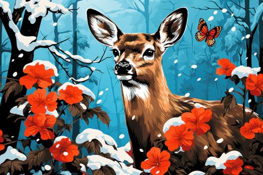 An enchanting winter tableau, showcasing the grace and resilience of wildlife, including deer, birds, and squirrels, in their natural habitats during the frosty season.