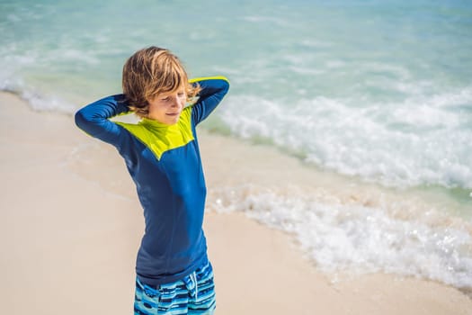 A carefree boy explores the wonders of the beach, with the sun-kissed shoreline as his playground, embodying the spirit of childhood adventure.