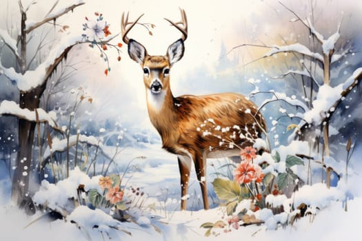 An enchanting winter tableau, showcasing the grace and resilience of wildlife, including deer, birds, and squirrels, in their natural habitats during the frosty season.