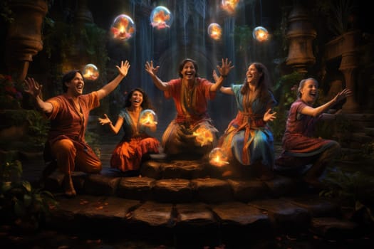 A whimsical portrayal of mischievous laughter sprites, their infectious joy and mirth radiating as they frolic through enchanted meadows.
