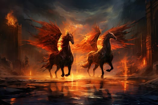 An awe-inspiring portrayal of fabled phoenix riders, gracefully soaring through the skies astride magnificent fiery avian creatures.