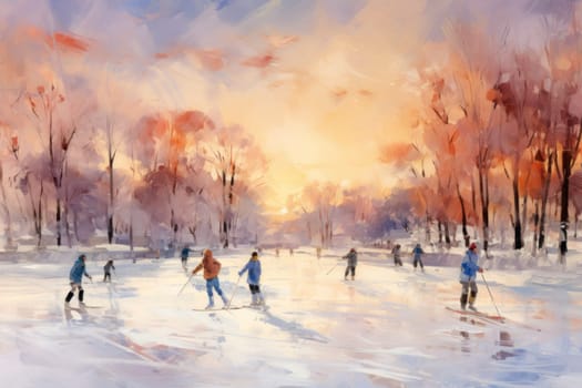 A dynamic portrayal of the exhilarating winter season, featuring individuals engaged in a range of invigorating activities such as skiing, snowboarding, and ice skating.