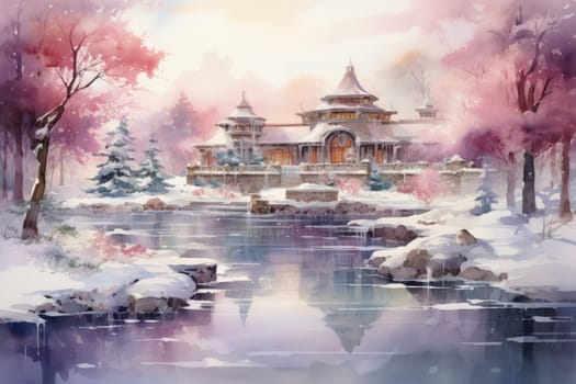 A captivating artistic portrayal of the enchanting winter season, where landscapes are magically transformed into a wonderland adorned with shimmering snow and sparkling icicles.
