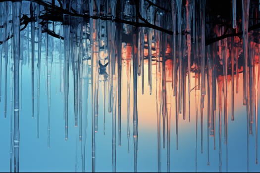 A remarkable portrayal of winter's allure, focusing on the glistening, see-through charm of icicles suspended from rooftops and tree limbs, showcasing their sparkling and crystalline elegance.