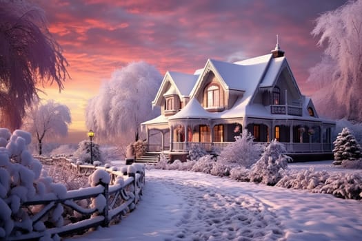 An exquisite winter composition, expertly capturing the tranquil allure of recently fallen snow draping over trees, landscapes, and architectural structures.