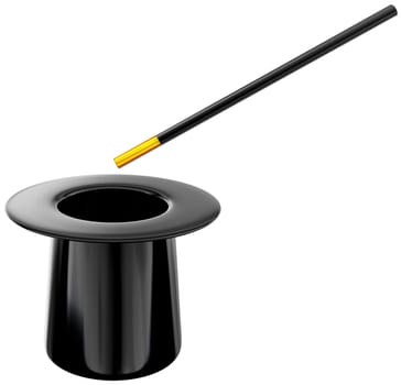 Retro style hat with wand for magic trick on white background