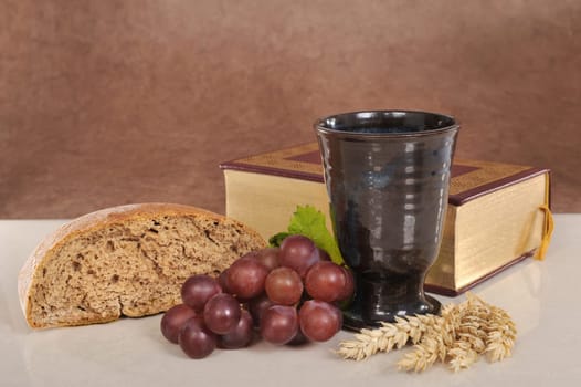 Bread,wine and the Bible for the sacrament or communion