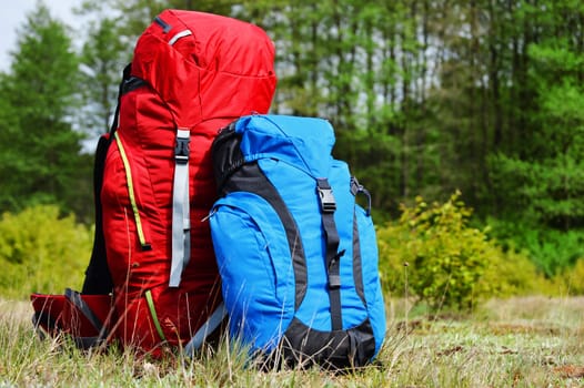 Two touristic backpacks on the meadow