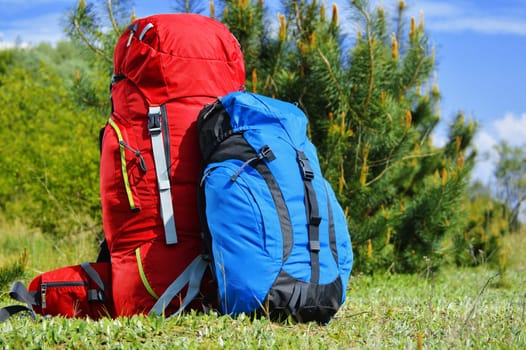 Two touristic backpacks on the meadow