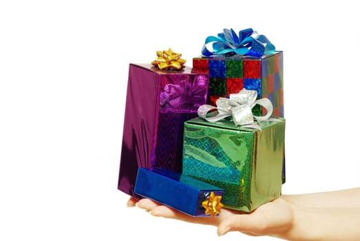 christmas gift in hands isolated on white