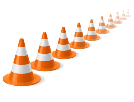 Row of white and orange traffic cones on white background. Safety sign used to prevent accidents during road construction