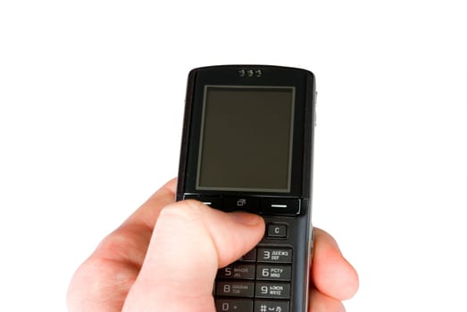 hand holding a mobile phone for support