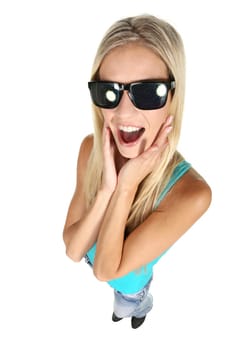 Gorgeous young lady in sunglasses looking up at the camera