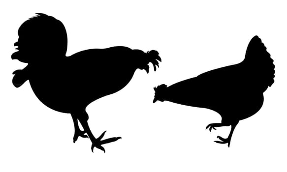 chickens and roosters, silhouettes vector, collage set