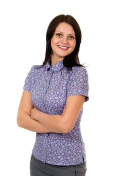 Portrait of a beautiful girl in a blouse with a geometric pattern