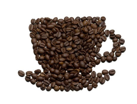 Silhouette cup and saucer of fried, flavored coffee beans. Isolate on white.