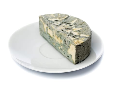 Cheese with black mold on a plate for food lovers. Isolate on white.