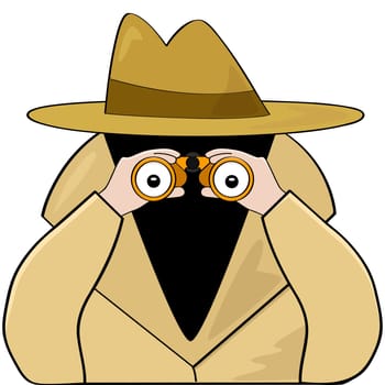 Cartoon illustration of a spy wearing a raincoat with a had and using binoculars to search for something