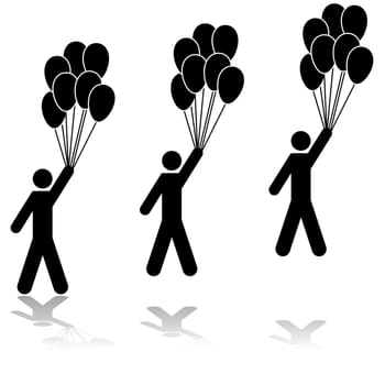 Icon illustration showing a man holding several balloons being carried away by them