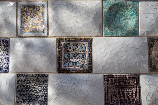 Close-up of the ceramics in Park Guell Barcelona created by Antonio Gaudi